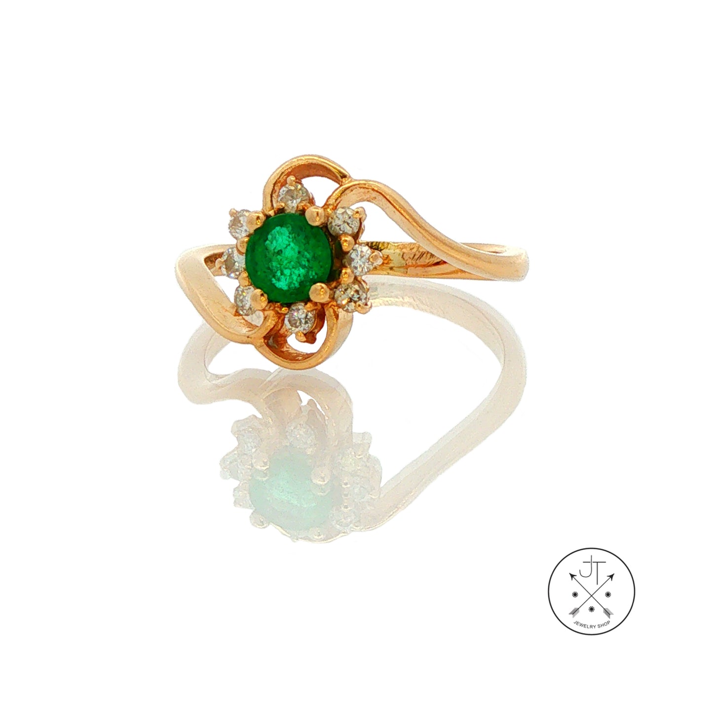 Vintage 14k Yellow Gold Halo Ring Natural Brazil Emerald and Diamonds Size 5.5 May Birthstone