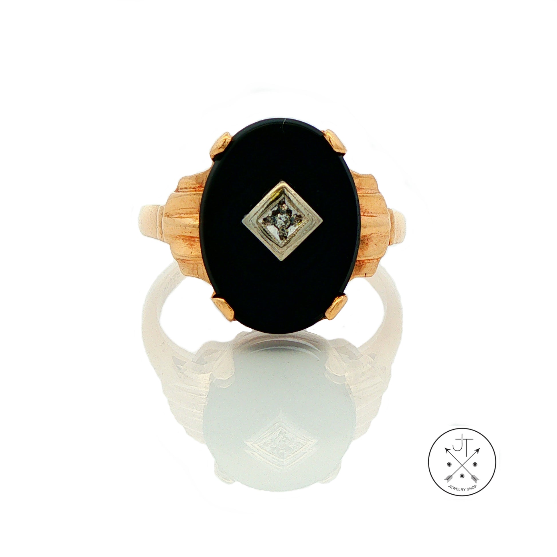 Vintage 10k Yellow Gold Ring Size 9 with Black Onyx and Diamond Baden Foss