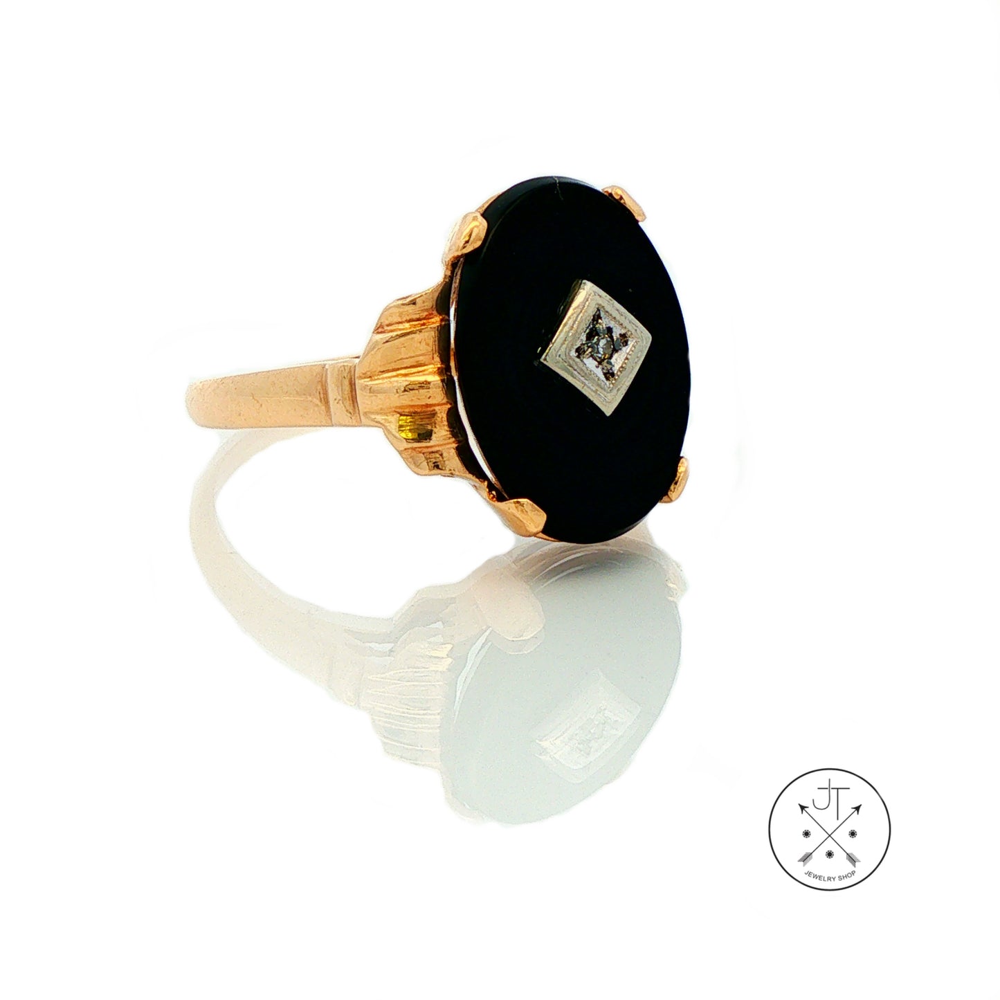 Vintage 10k Yellow Gold Ring Size 9 with Black Onyx and Diamond Baden Foss