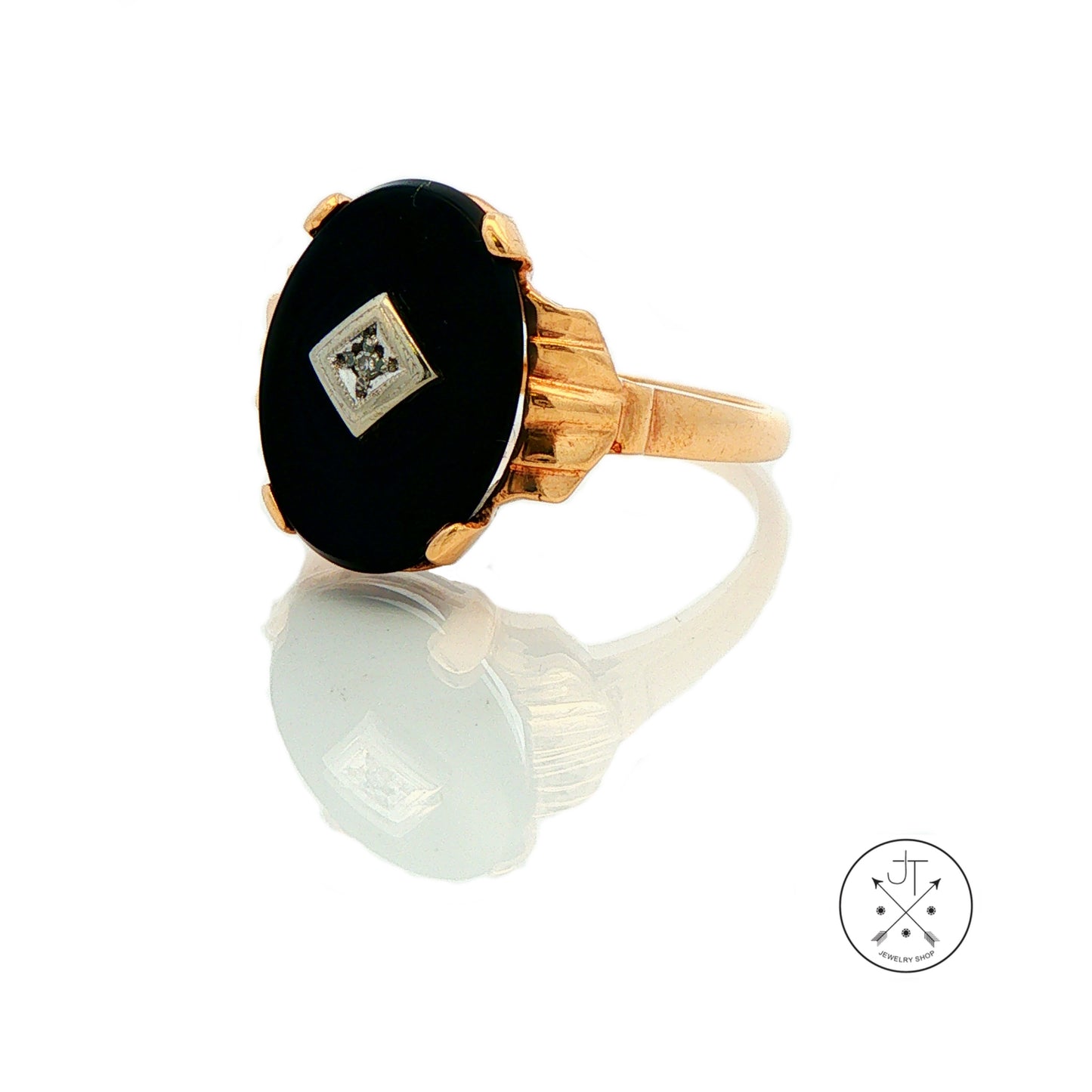 Vintage 10k Yellow Gold Ring Size 9 with Black Onyx and Diamond Baden Foss