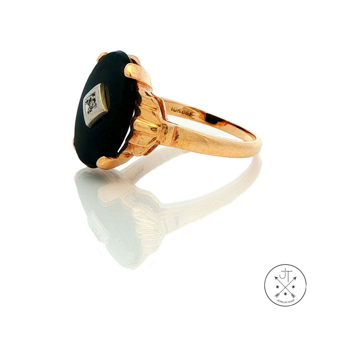 Vintage 10k Yellow Gold Ring Size 9 with Black Onyx and Diamond Baden Foss