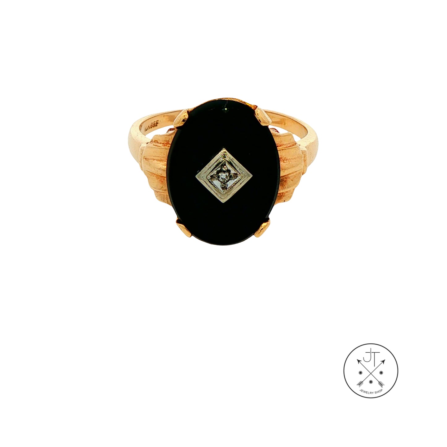 Vintage 10k Yellow Gold Ring Size 9 with Black Onyx and Diamond Baden Foss