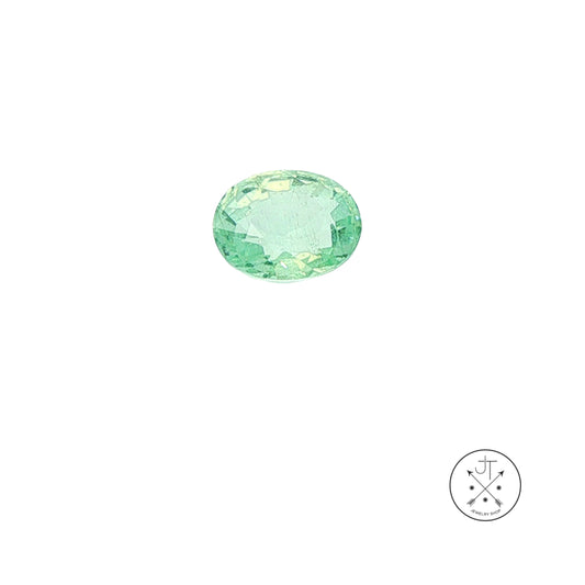 A single oval-cut light green beryl gemstone centered on a plain white background, with a small circular logo in the bottom-right corner.