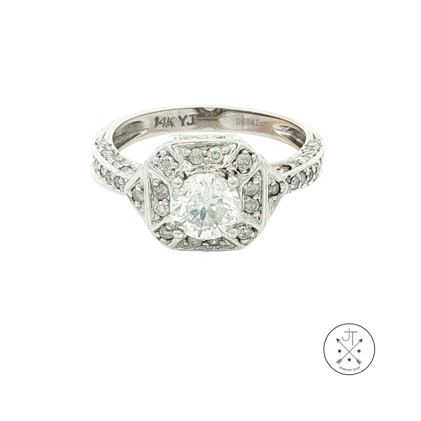 Vintage 14k White Gold Halo Ring with 1.53 ctw Natural Diamonds Size 7.75 Deco Style