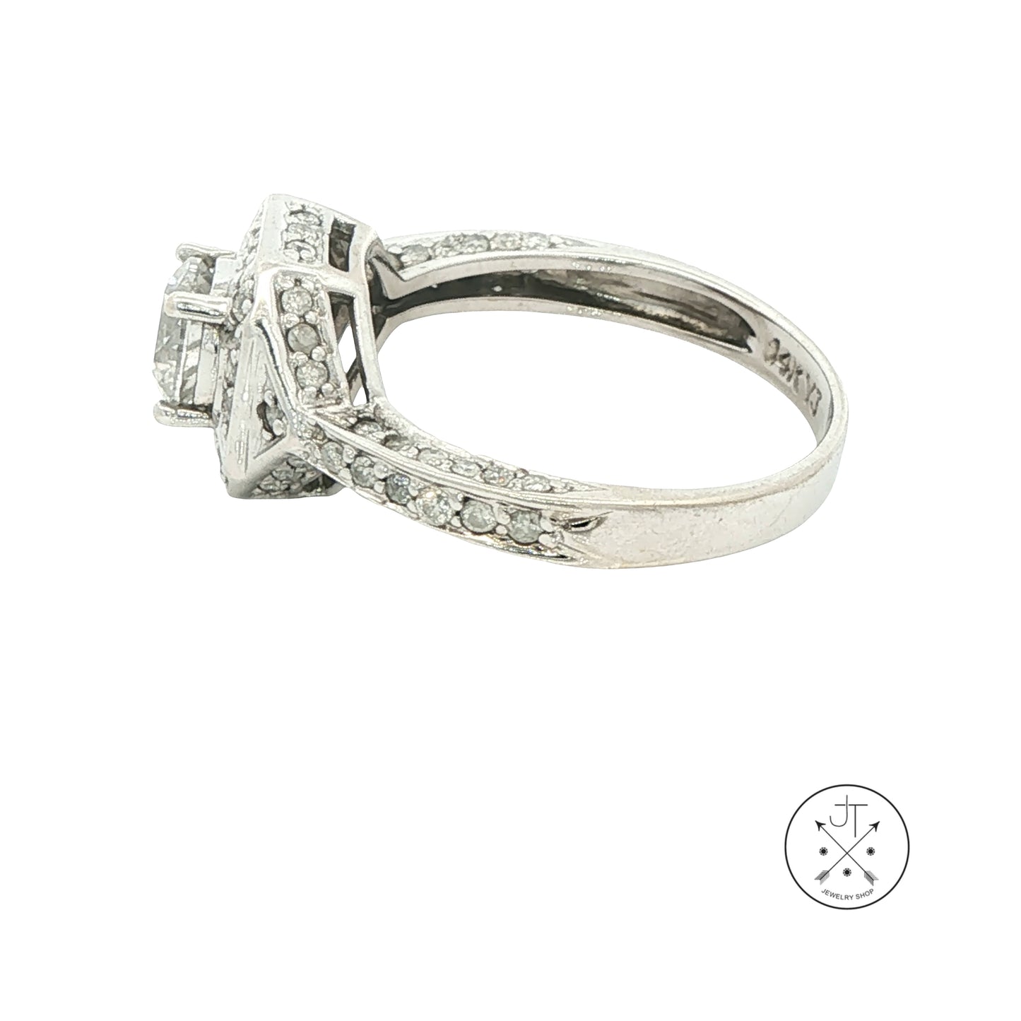 Vintage 14k White Gold Halo Ring with 1.53 ctw Natural Diamonds Size 7.75 Deco Style