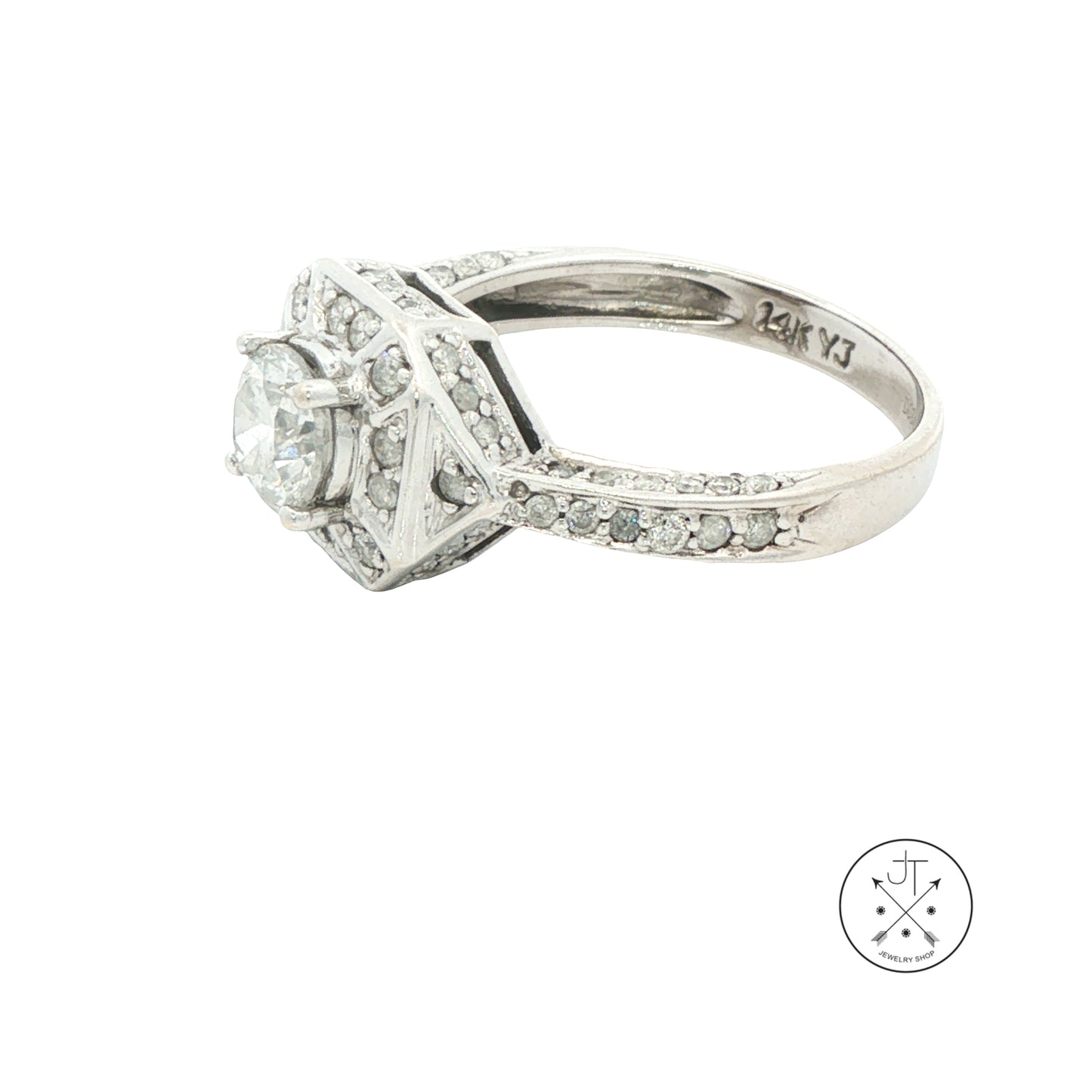 Vintage 14k White Gold Halo Ring with 1.53 ctw Natural Diamonds Size 7.75 Deco Style