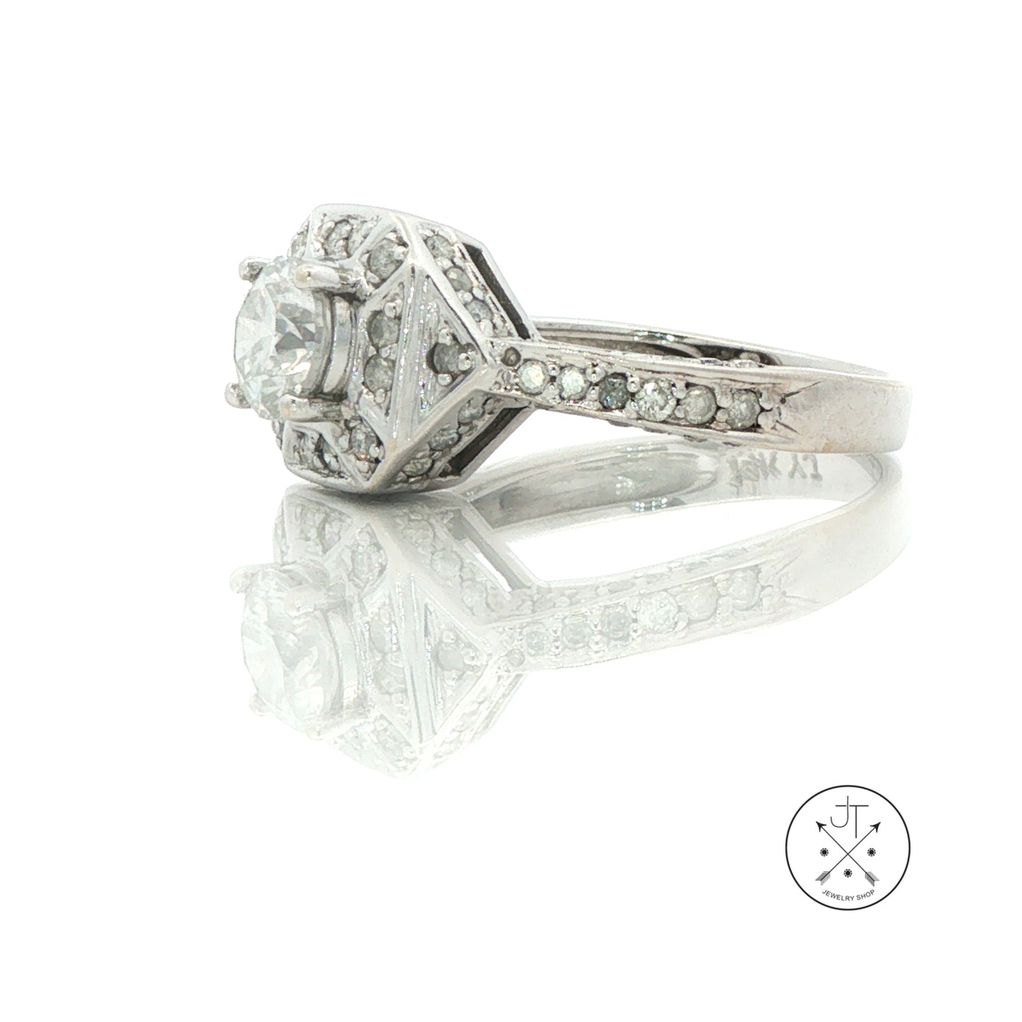 Vintage 14k White Gold Halo Ring with 1.53 ctw Natural Diamonds Size 7.75 Deco Style