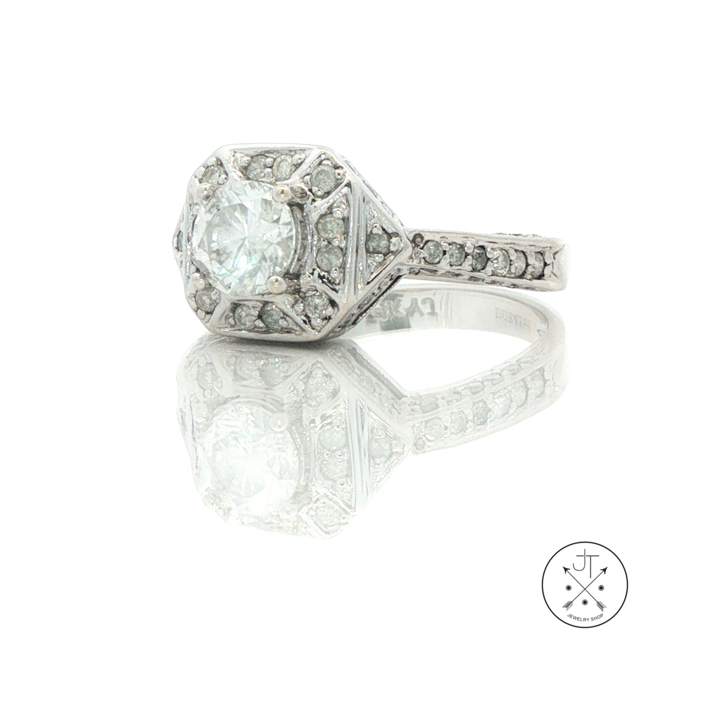 Vintage 14k White Gold Halo Ring with 1.53 ctw Natural Diamonds Size 7.75 Deco Style