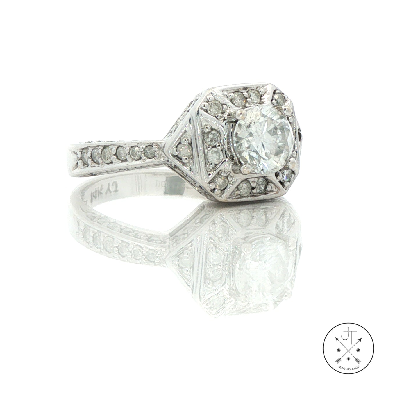 Vintage 14k White Gold Halo Ring with 1.53 ctw Natural Diamonds Size 7.75 Deco Style