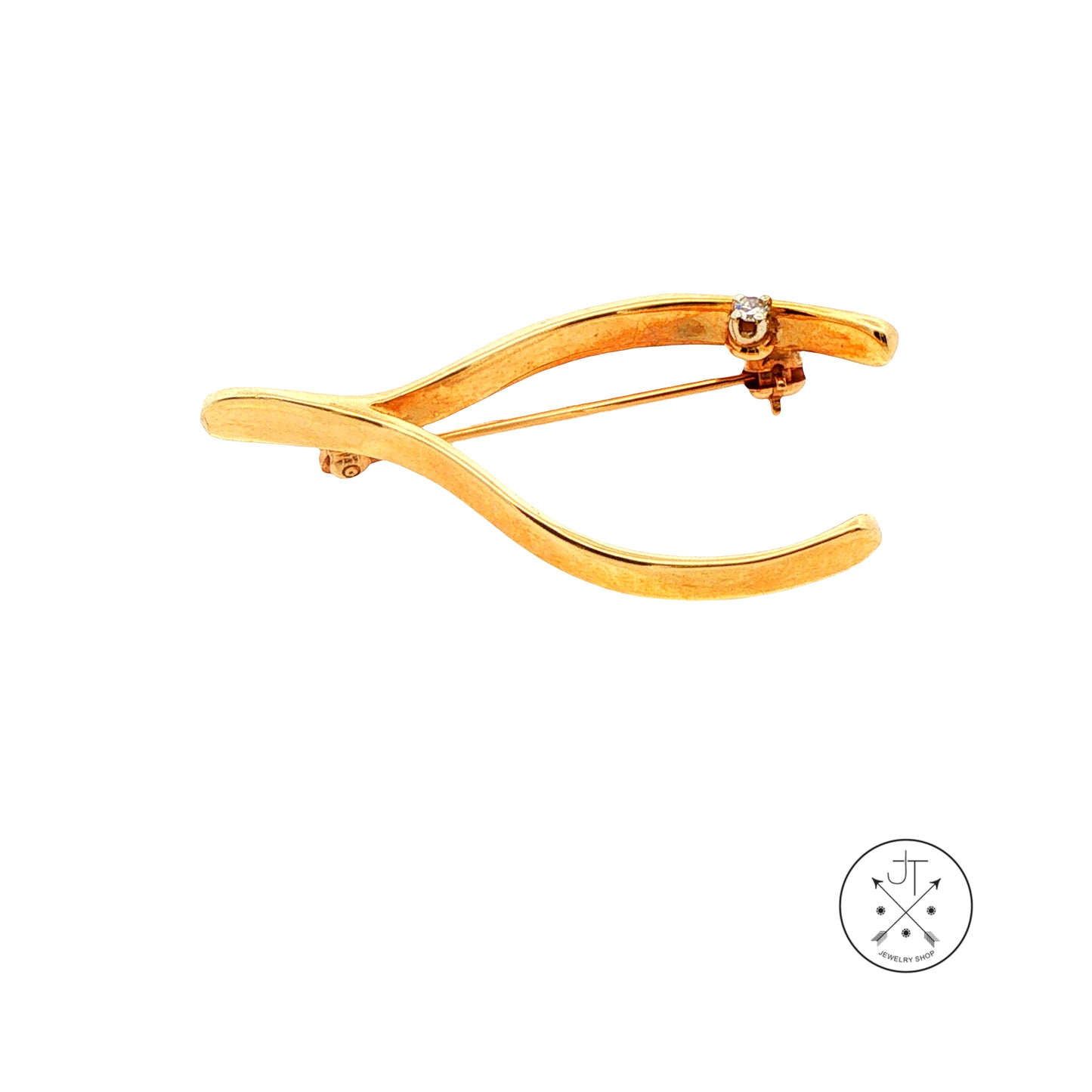 Vintage 14k Yellow Gold Wishbone Brooch with Natural Diamond