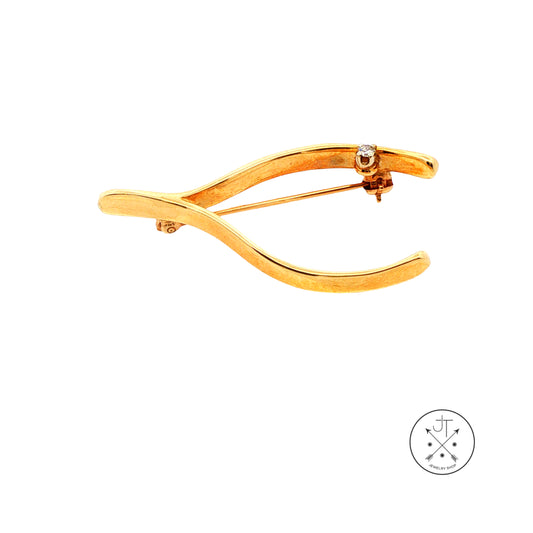 Vintage 14k Yellow Gold Wishbone Brooch with Natural Diamond