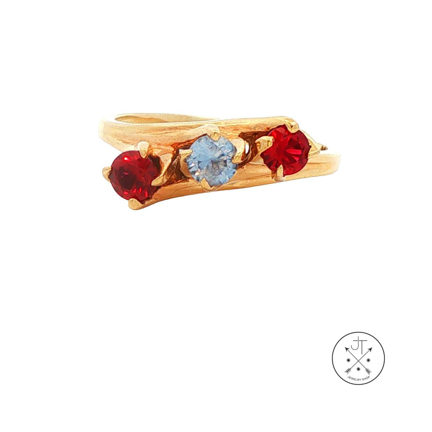 Vintage 14k Yellow Gold Bypass Ring with Synthetic Spinel Size 8 Three Stone