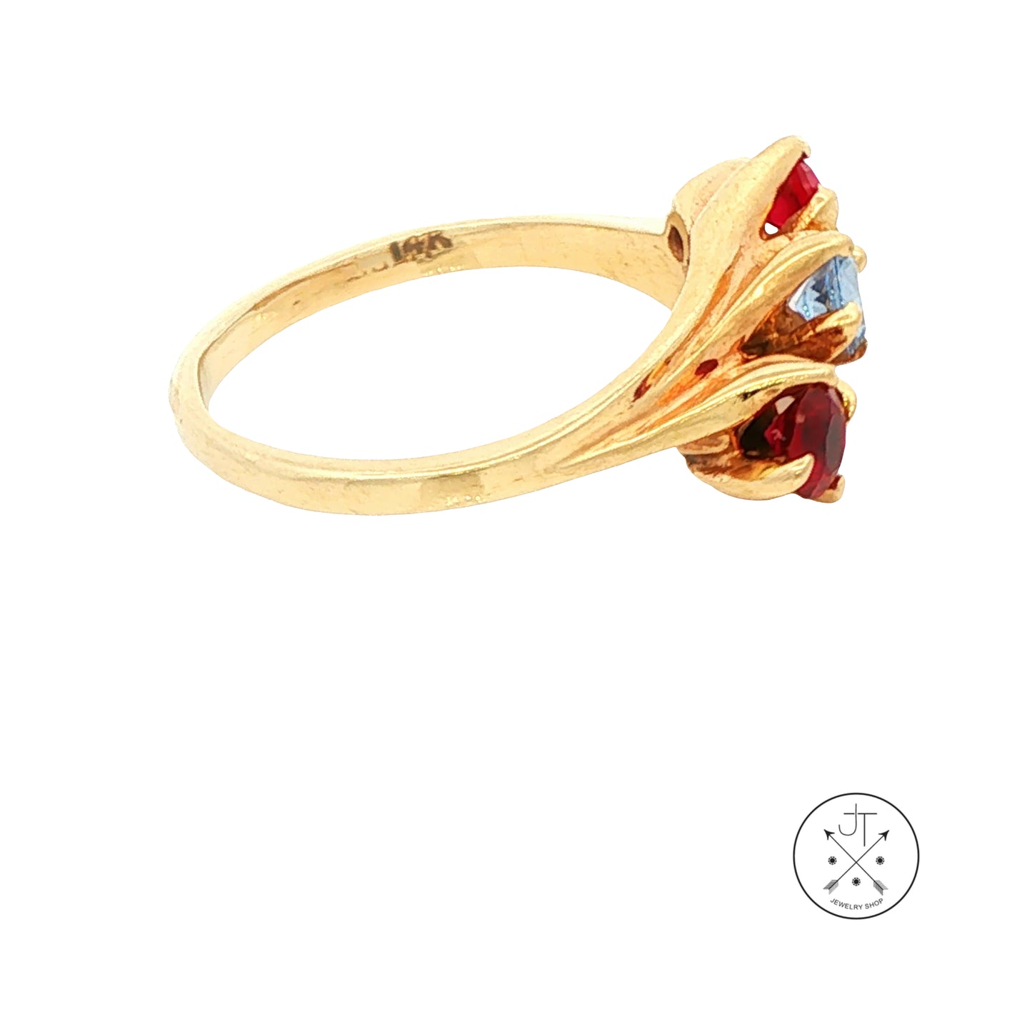 Vintage 14k Yellow Gold Bypass Ring with Synthetic Spinel Size 8 Three Stone