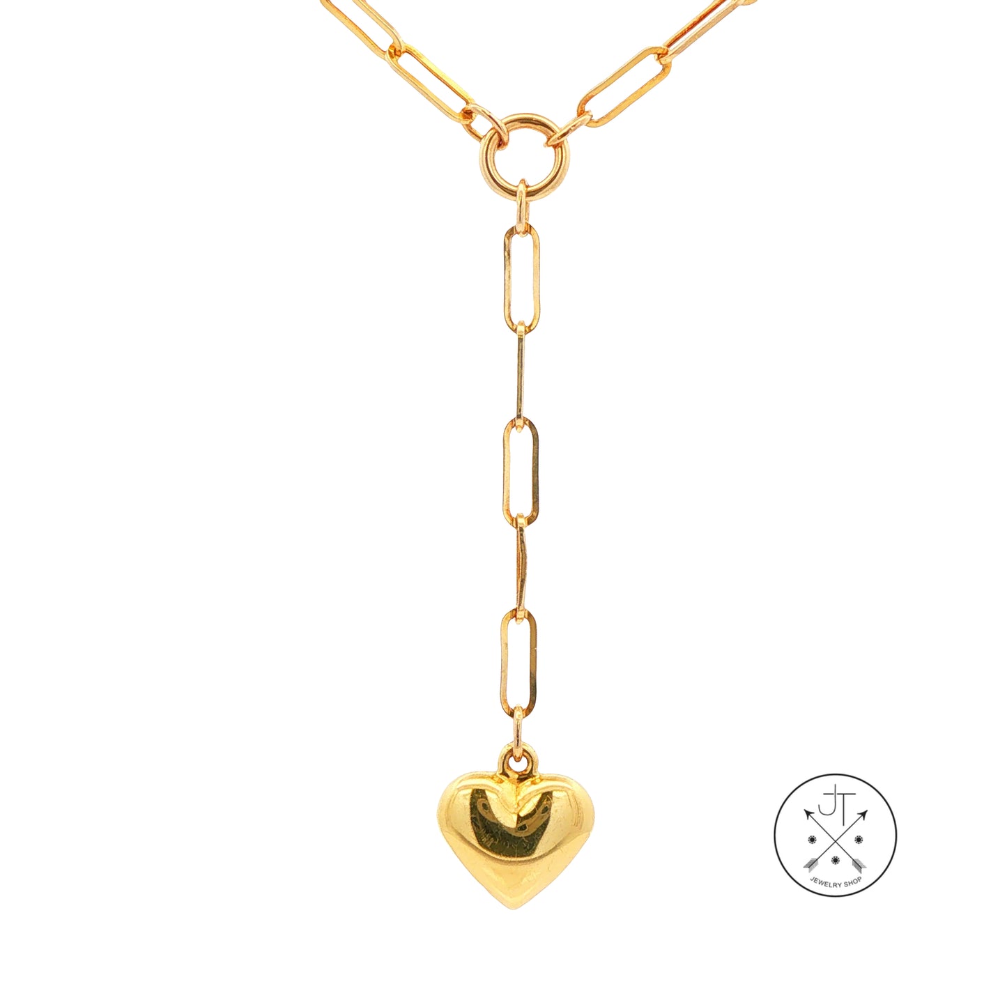 10k Yellow Gold 18 Inch 2.5 mm Paperclip Lariat Necklace Chain with Heart Drop