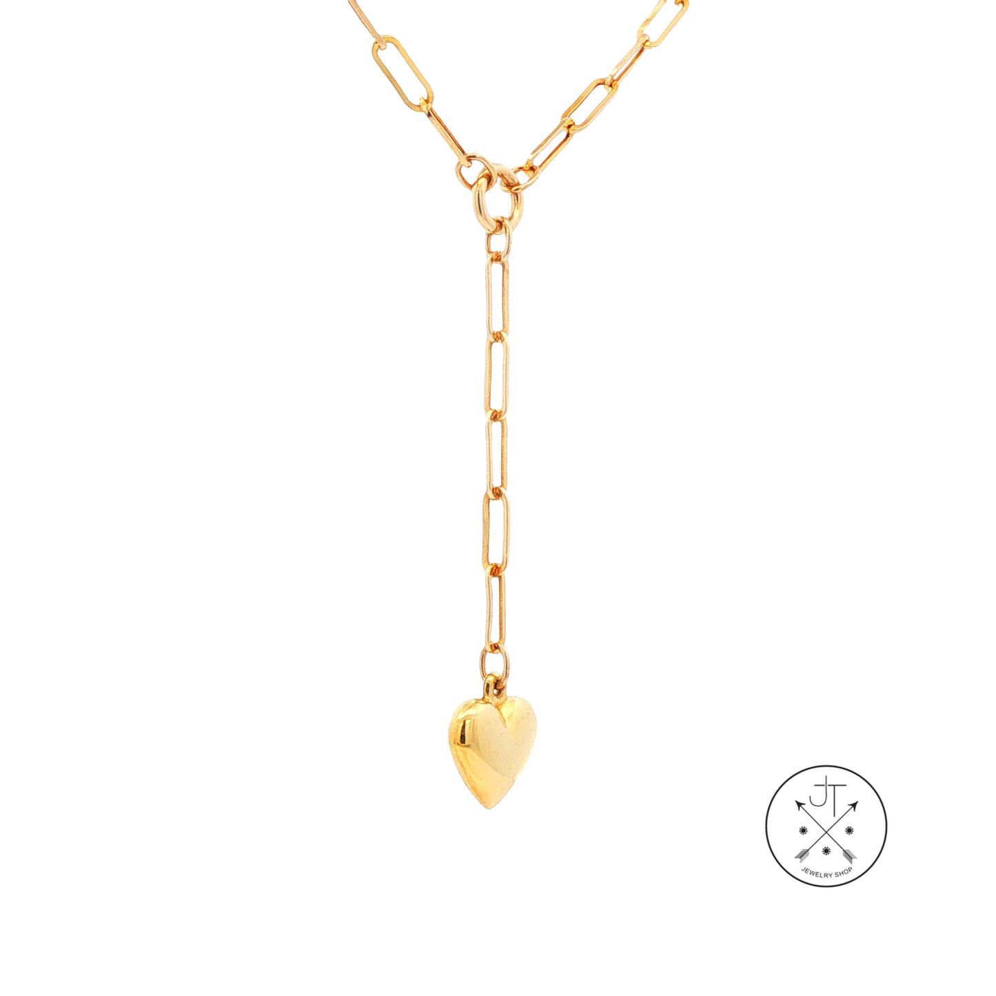 10k Yellow Gold 18 Inch 2.5 mm Paperclip Lariat Necklace Chain with Heart Drop