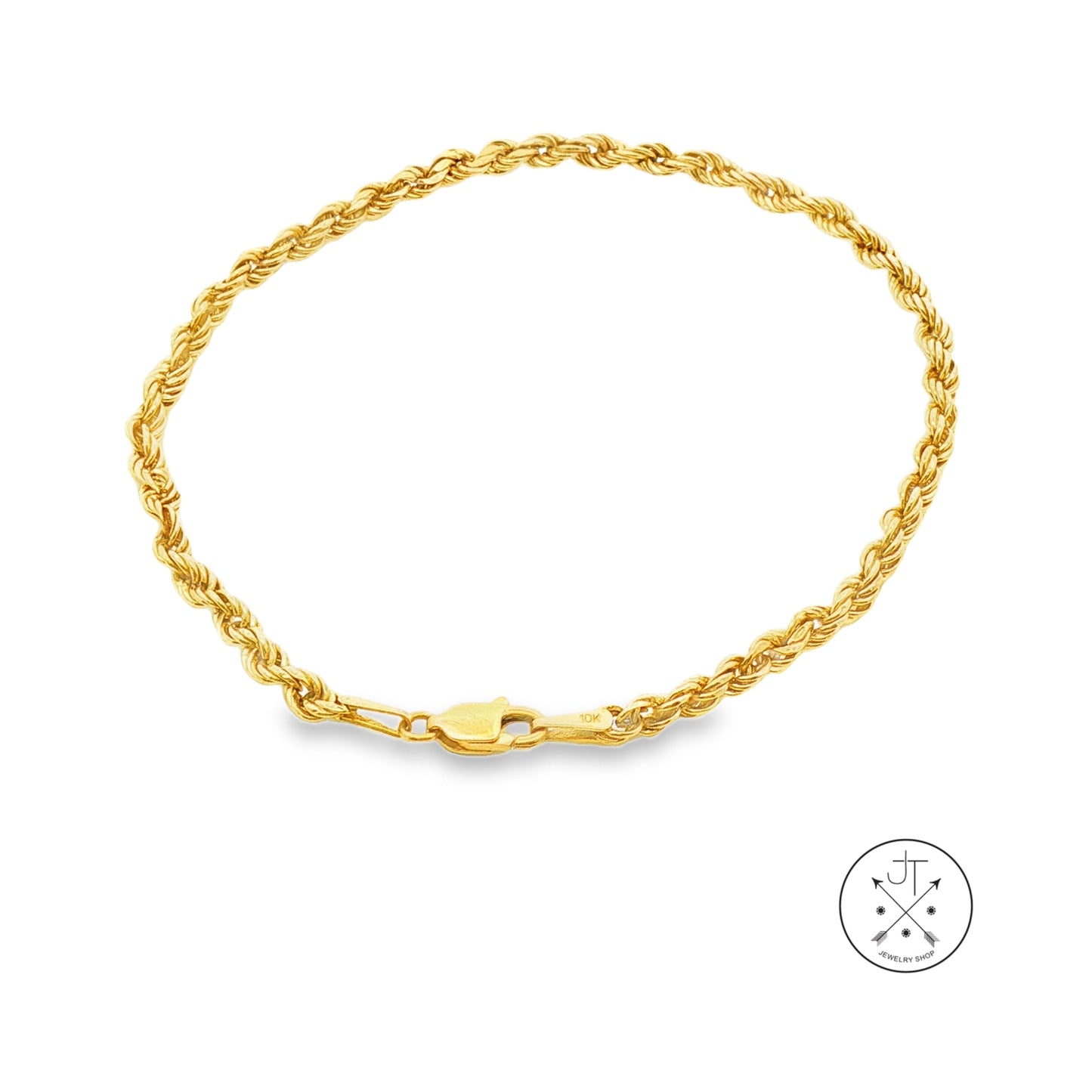 A yellow gold rope chain bracelet with a lobster clasp, displayed on a clean white background with a small circular logo in the bottom right corner.