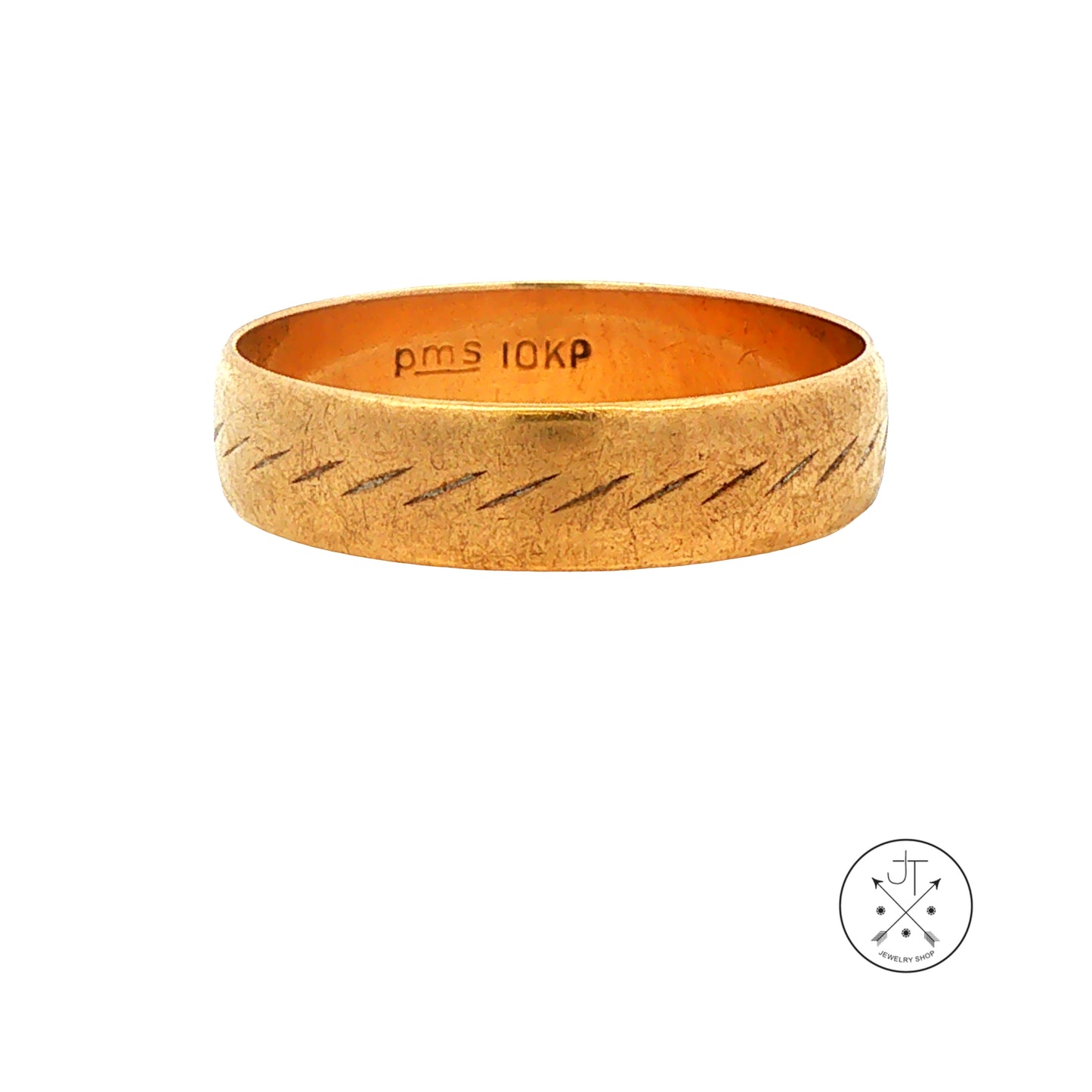 A textured gold band ring with an engraved pattern on the exterior and 'pms 10KP' stamped inside, shown on a plain white background with a small circular logo in the bottom right corner.