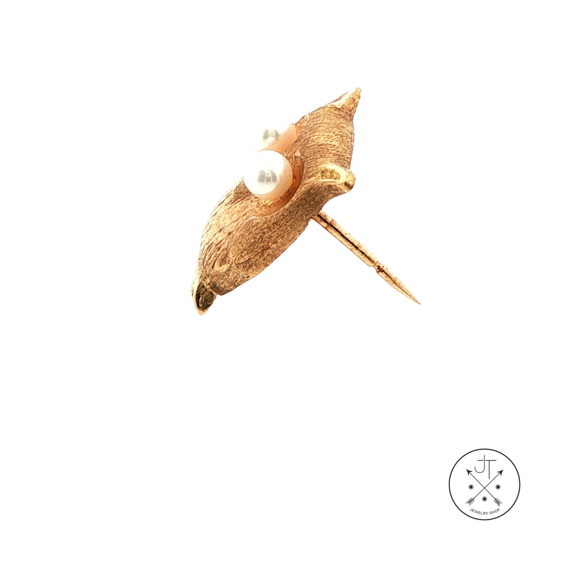 Vintage 14k Yellow Gold Owl Lapel Pin with Natural Pearls