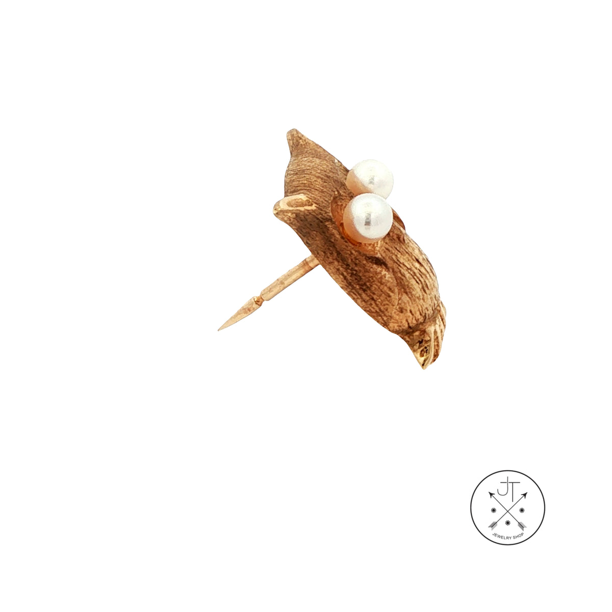 Vintage 14k Yellow Gold Owl Lapel Pin with Natural Pearls