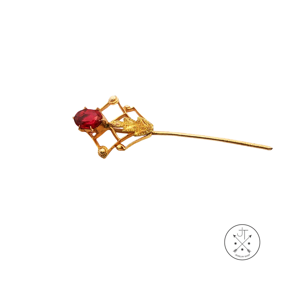 Antique 10k Yellow Gold Stick Pin with Red Glass