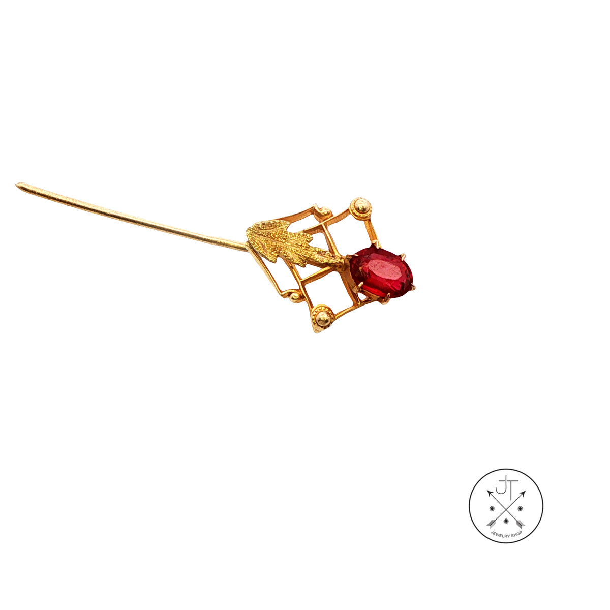 Antique 10k Yellow Gold Stick Pin with Red Glass