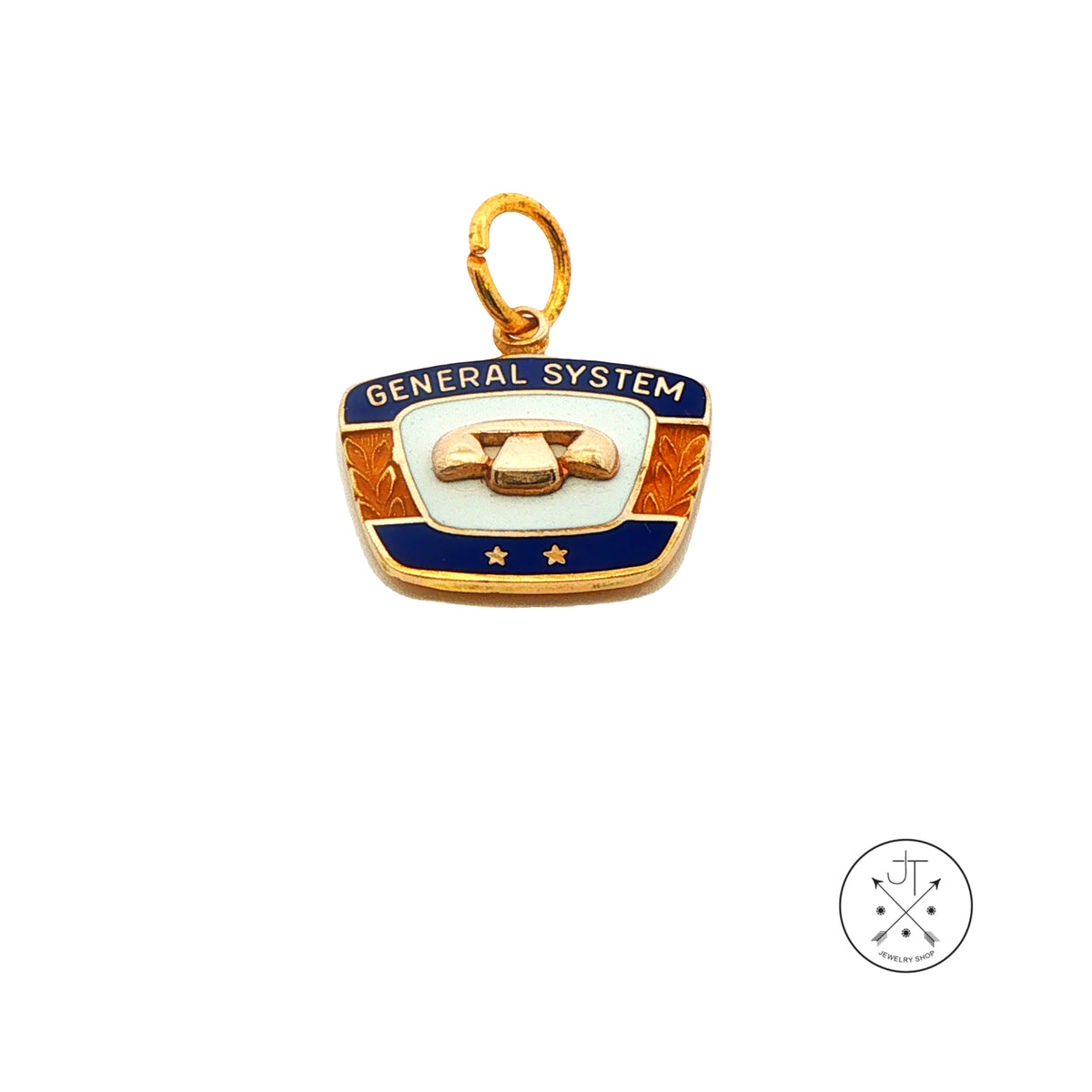 A 10k yellow gold charm pendant with blue and white enamel detailing, featuring the text 'GENERAL SYSTEM' and a central emblem, shown on a plain white background.