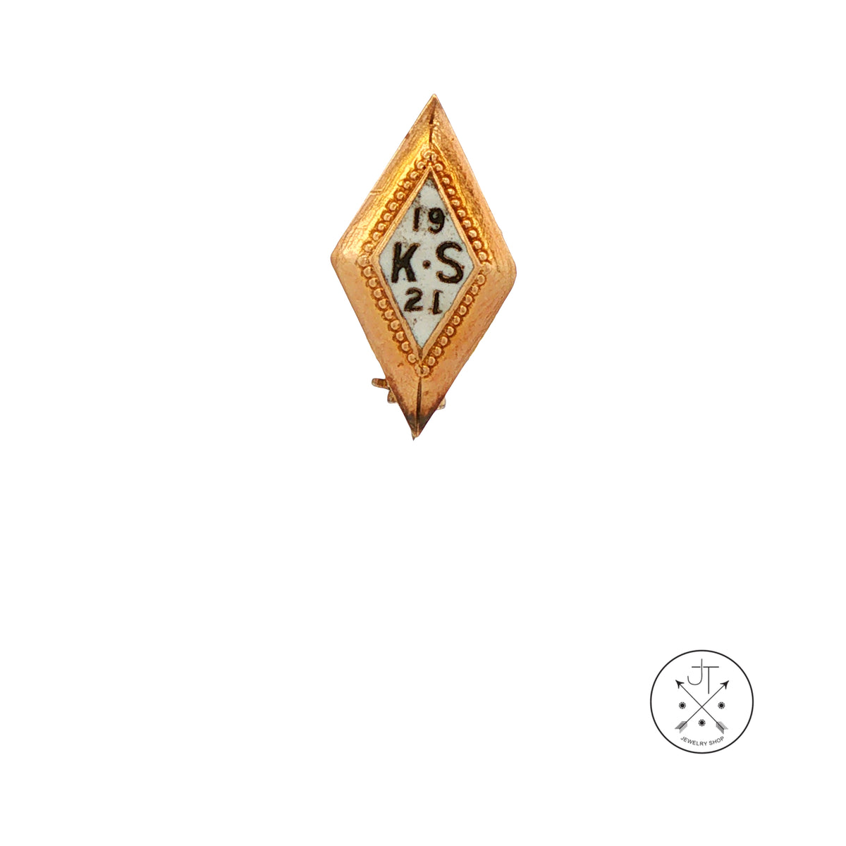 An antique diamond-shaped gold metal badge with black enamel lettering reading '19 K.S 21' on a plain white background.