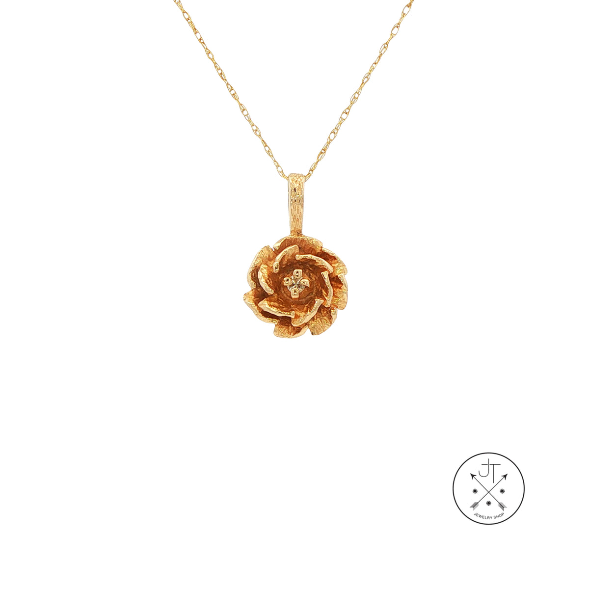 Vintage 14k Yellow Gold Solitaire Rose Pendant Necklace with Natural Diamond 18 inch