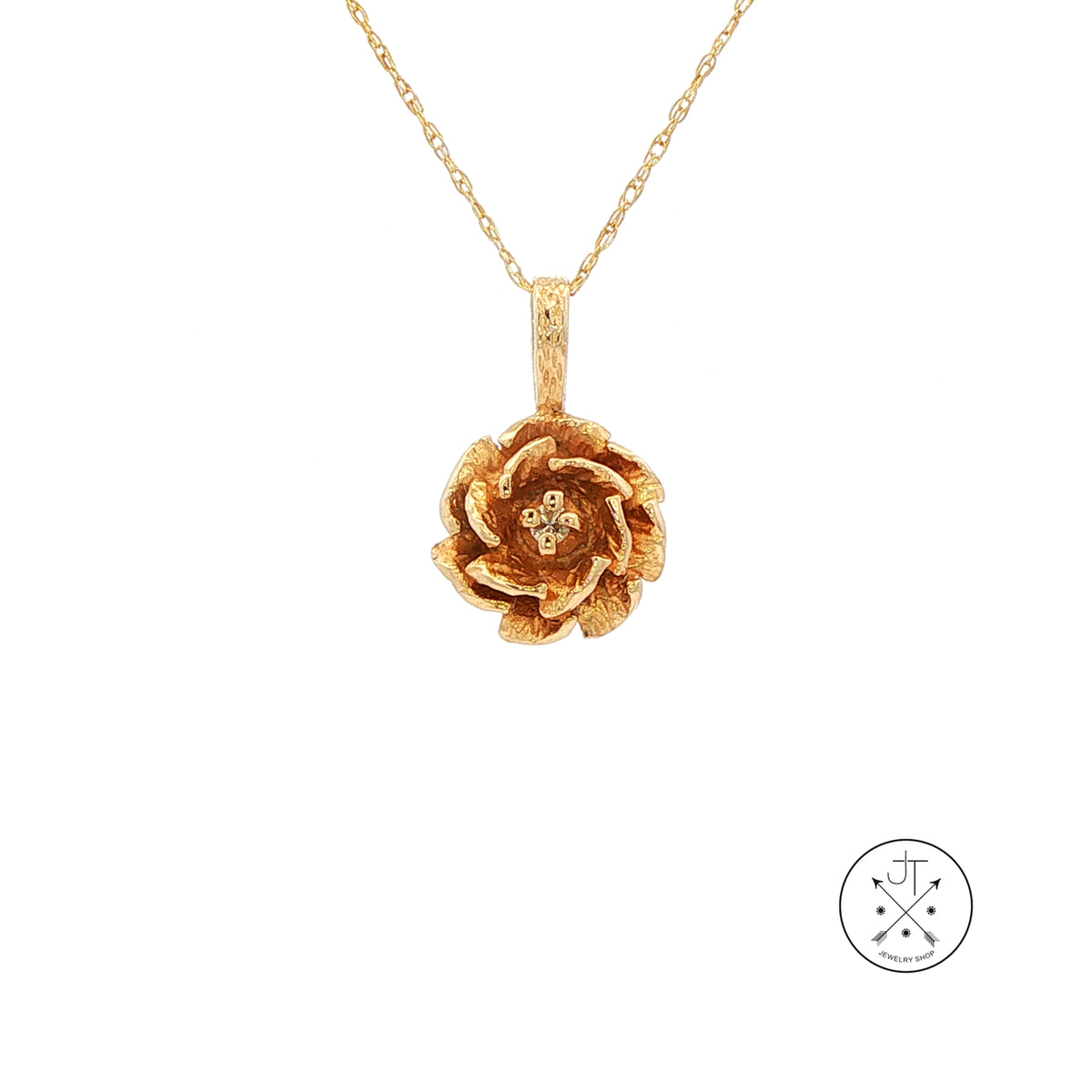 Vintage 14k Yellow Gold Solitaire Rose Pendant Necklace with Natural Diamond 18 inch