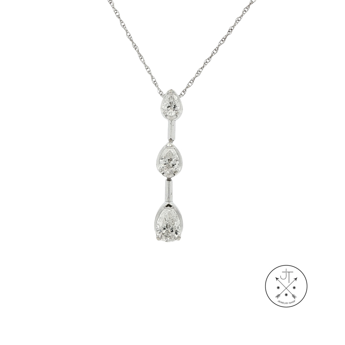 14k White Gold Vertical Pendant Necklace with 1.1 ctw Natural Diamonds Pear 17.5 Inch
