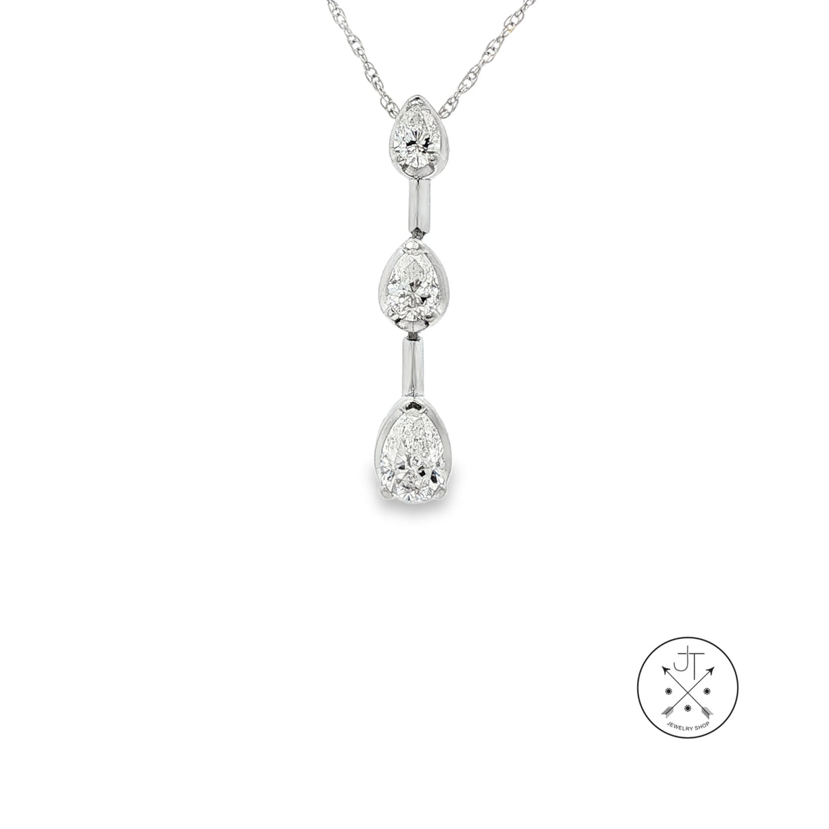 14k White Gold Vertical Pendant Necklace with 1.1 ctw Natural Diamonds Pear 17.5 Inch
