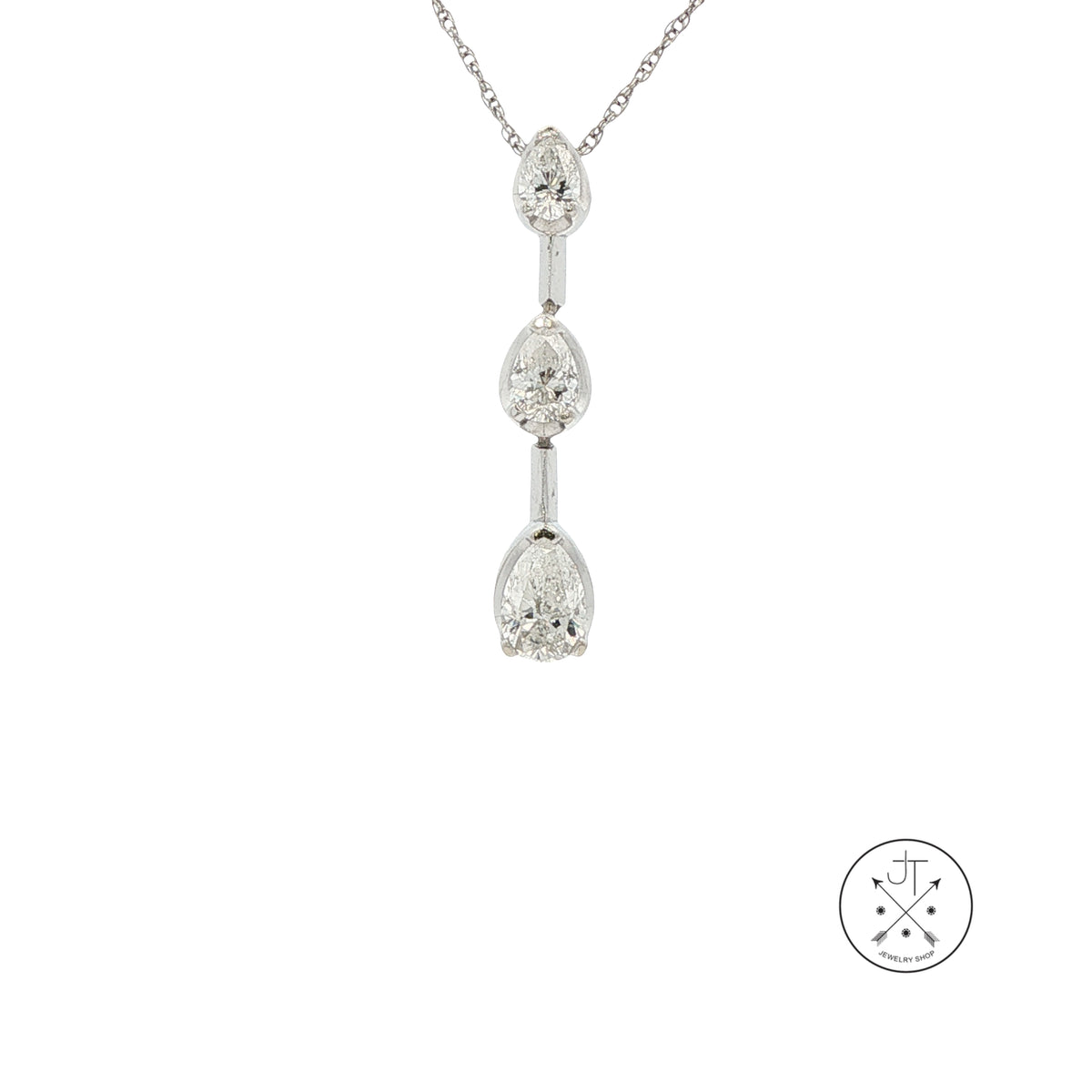 14k White Gold Vertical Pendant Necklace with 1.1 ctw Natural Diamonds Pear 17.5 Inch