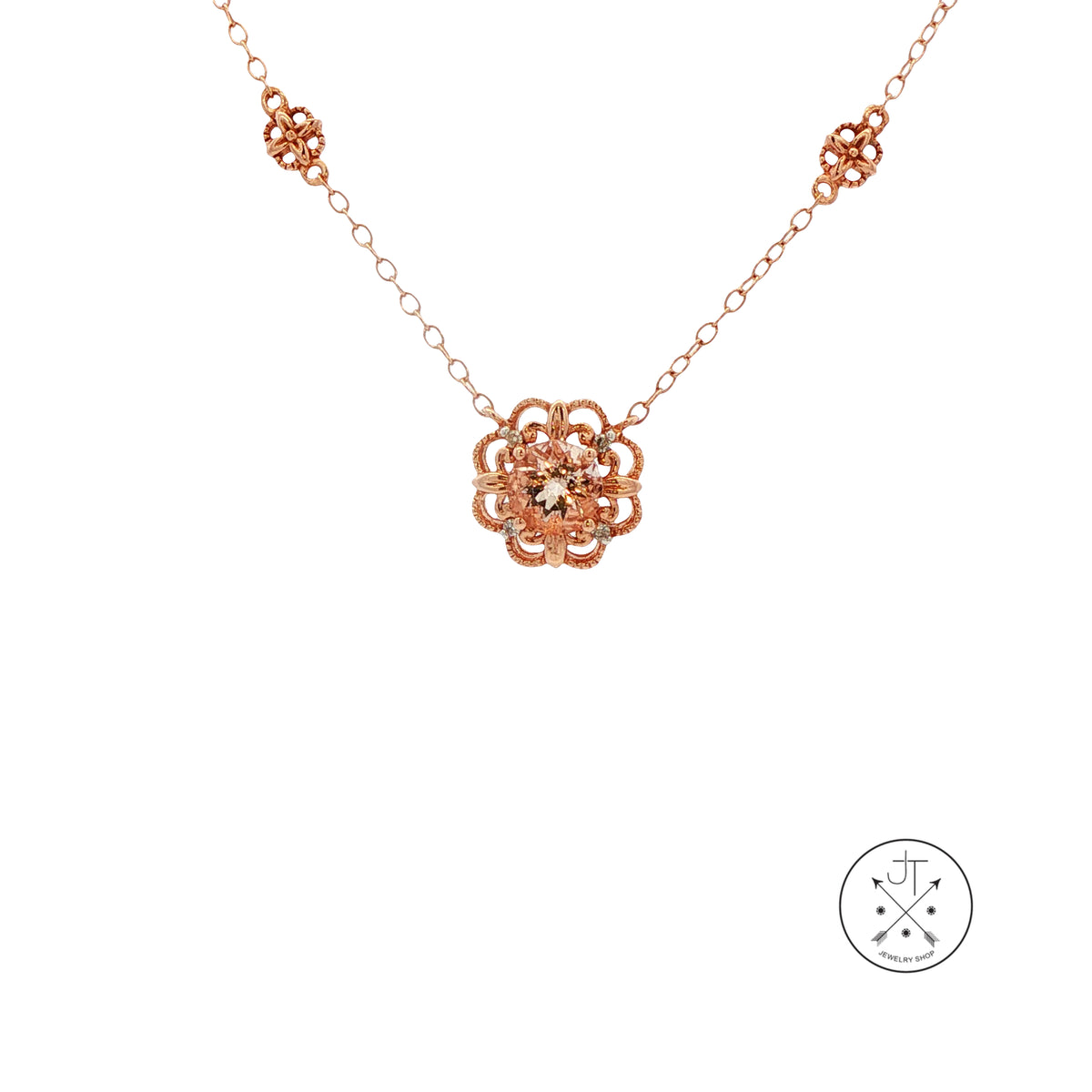 10k Rose Gold Solitaire Necklace 17 inch with 6 mm Morganite and Diamonds