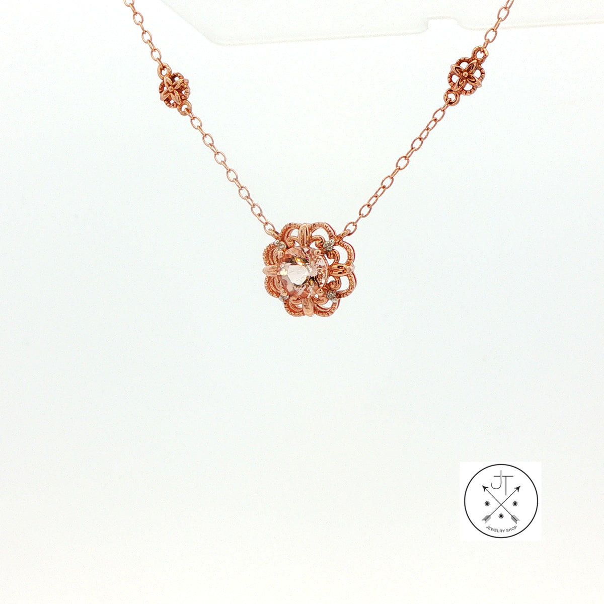 10k Rose Gold Solitaire Necklace 17 inch with 6 mm Morganite and Diamonds