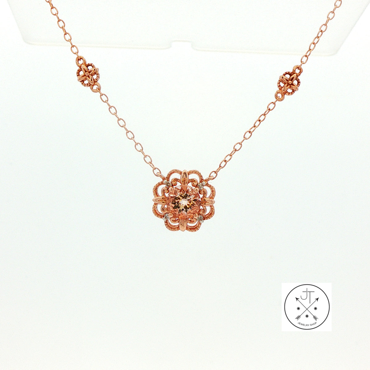 10k Rose Gold Solitaire Necklace 17 inch with 6 mm Morganite and Diamonds