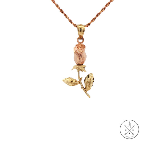 A rose-shaped pendant necklace in two-tone yellow gold and rose gold, hanging from a twisted rope chain on a plain white background. A circular logo for 'JT Jewelry' is visible in the bottom right corner.