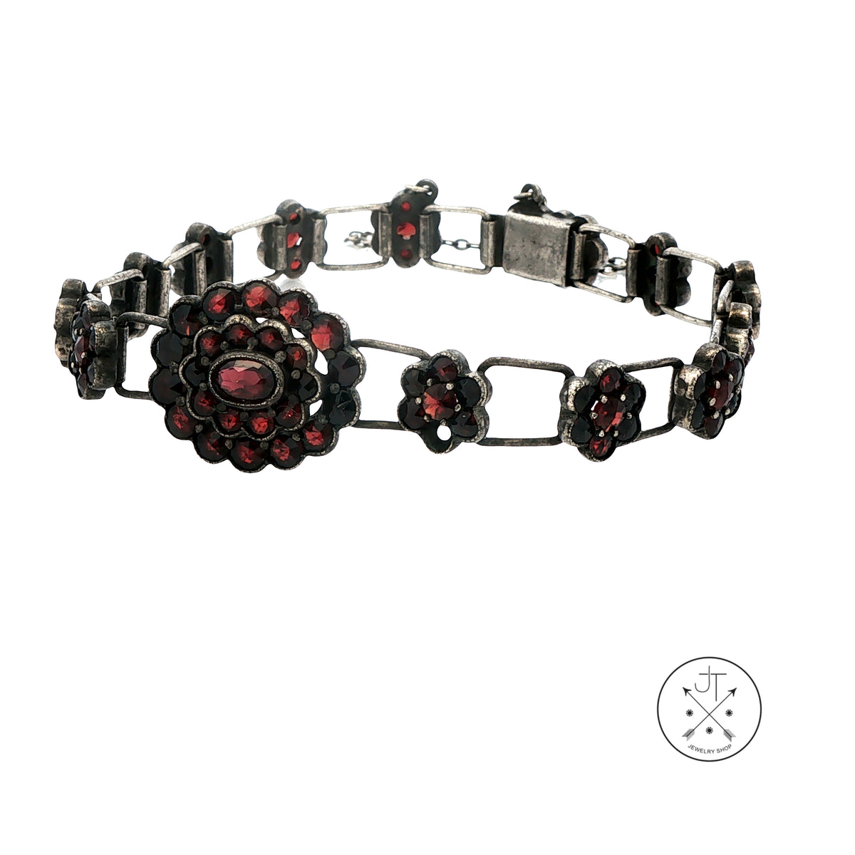 Antique Bohemian Sterling SiIver 10 ctw Garnet Flower Bracelet 7 inch