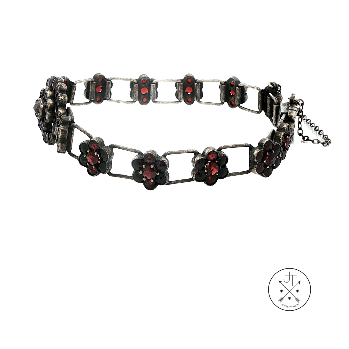 Antique Bohemian Sterling SiIver 10 ctw Garnet Flower Bracelet 7 inch
