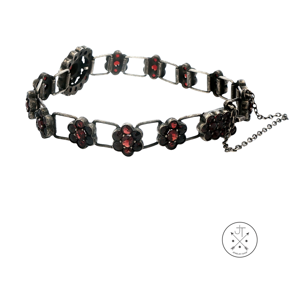 Antique Bohemian Sterling SiIver 10 ctw Garnet Flower Bracelet 7 inch