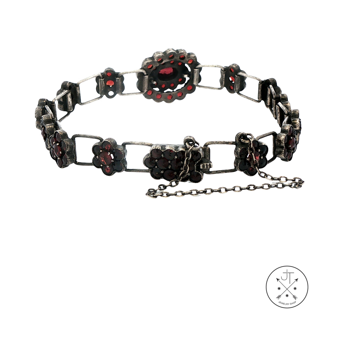 Antique Bohemian Sterling SiIver 10 ctw Garnet Flower Bracelet 7 inch