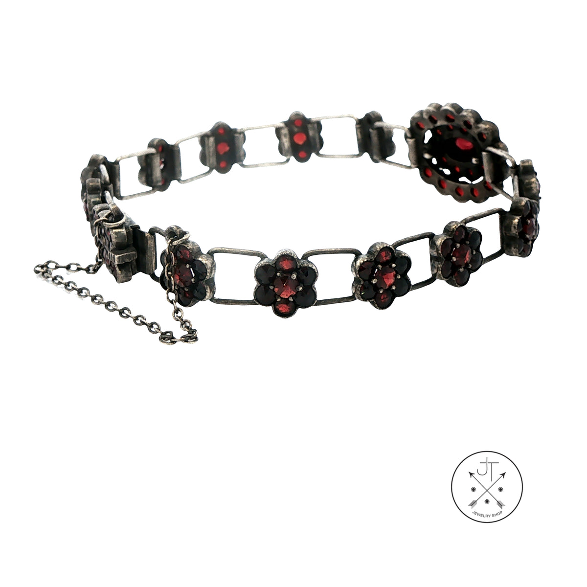 Antique Bohemian Sterling SiIver 10 ctw Garnet Flower Bracelet 7 inch