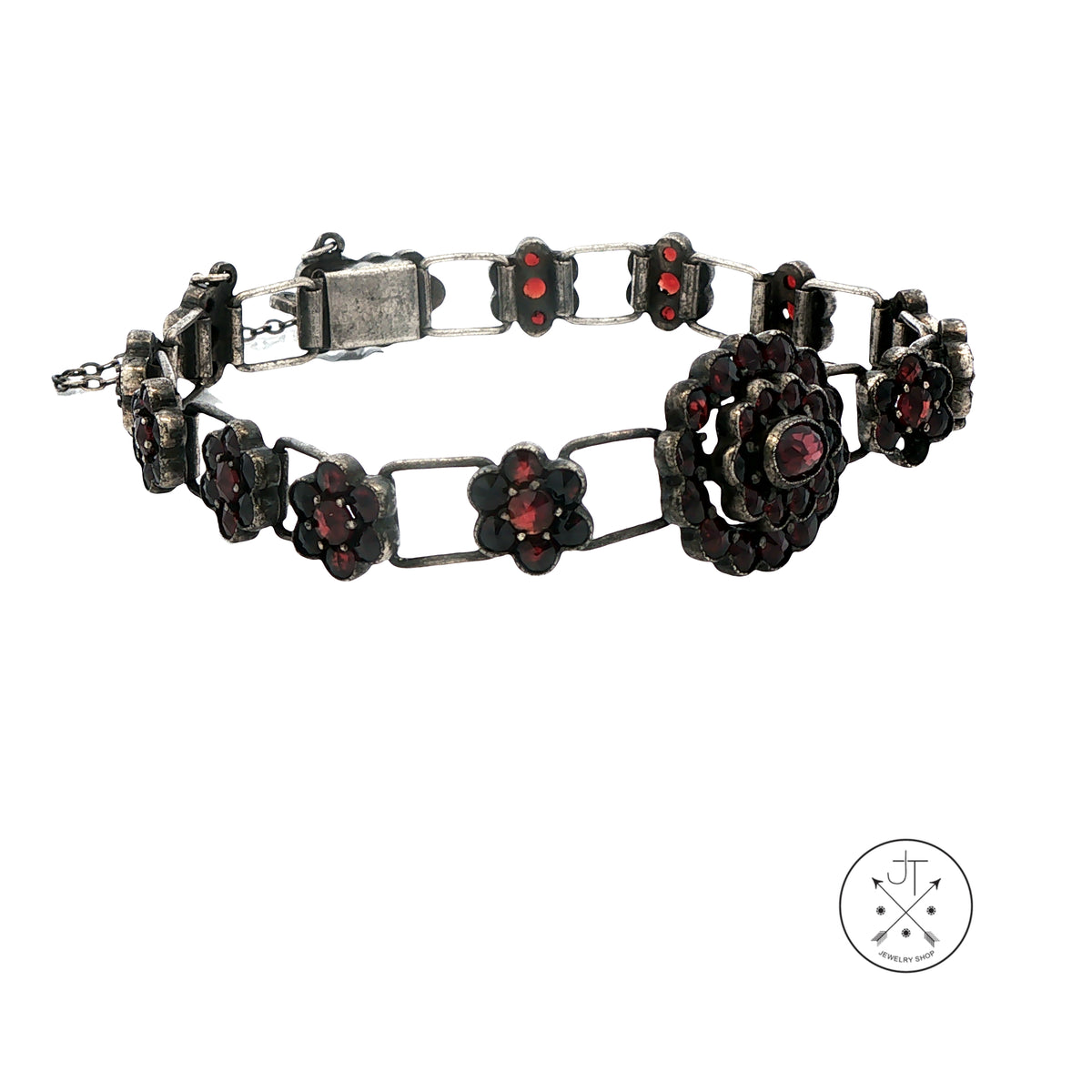 Antique Bohemian Sterling SiIver 10 ctw Garnet Flower Bracelet 7 inch