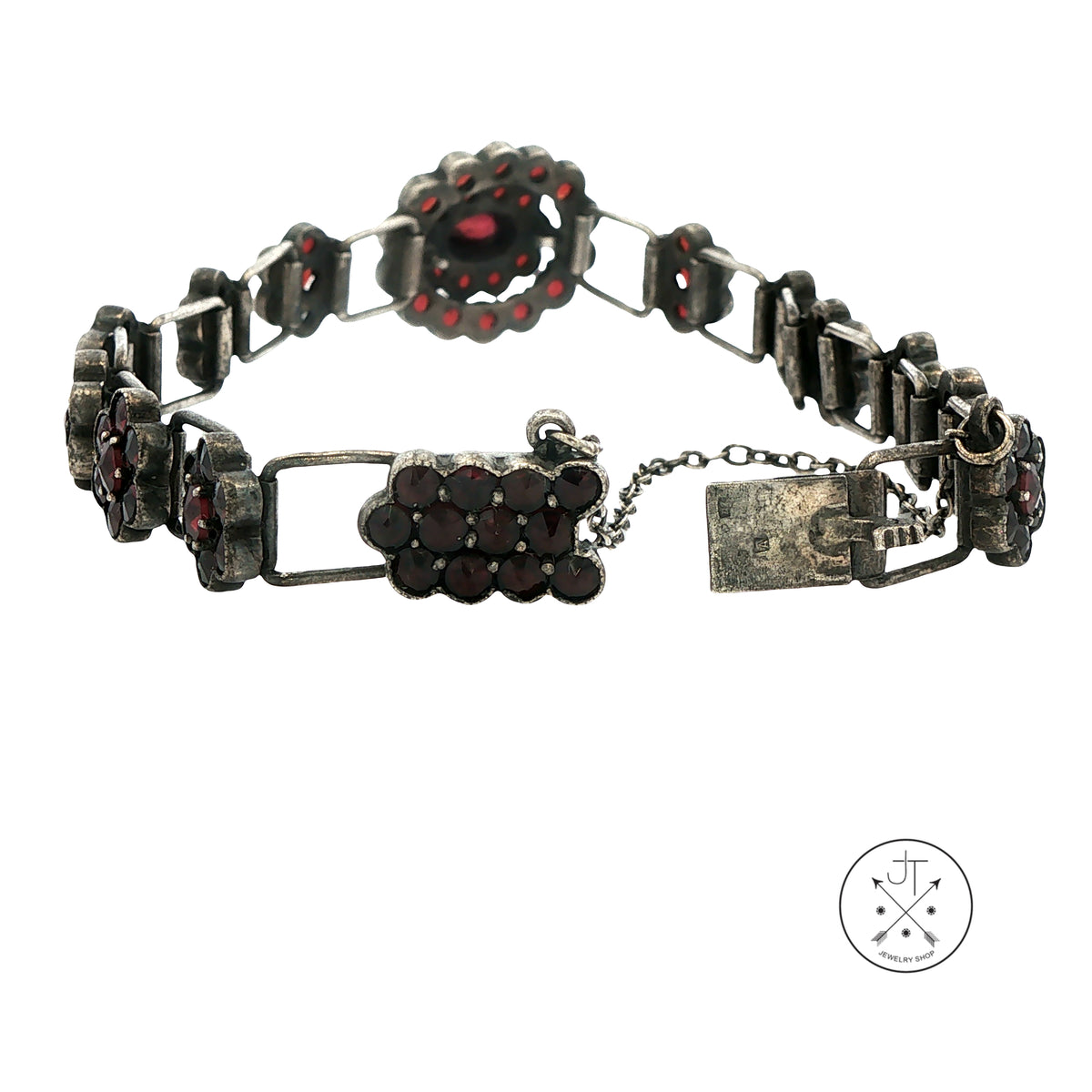 Antique Bohemian Sterling SiIver 10 ctw Garnet Flower Bracelet 7 inch