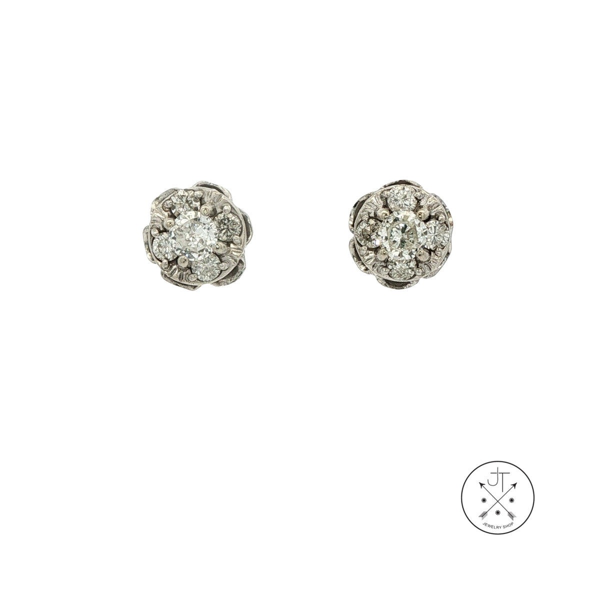 Vintage 14k White Gold Scalloped Stud Earrings with .78 ctw Natural Diamonds