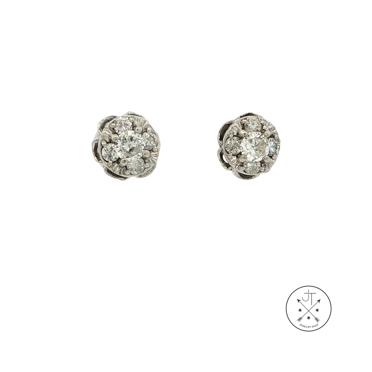 Vintage 14k White Gold Scalloped Stud Earrings with .78 ctw Natural Diamonds