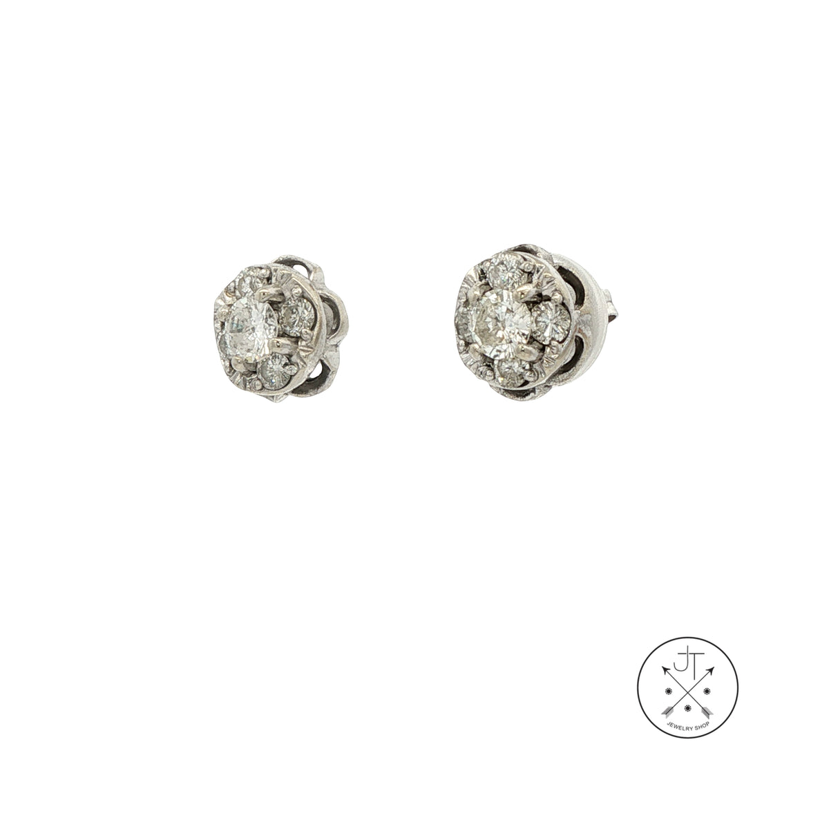 Vintage 14k White Gold Scalloped Stud Earrings with .78 ctw Natural Diamonds