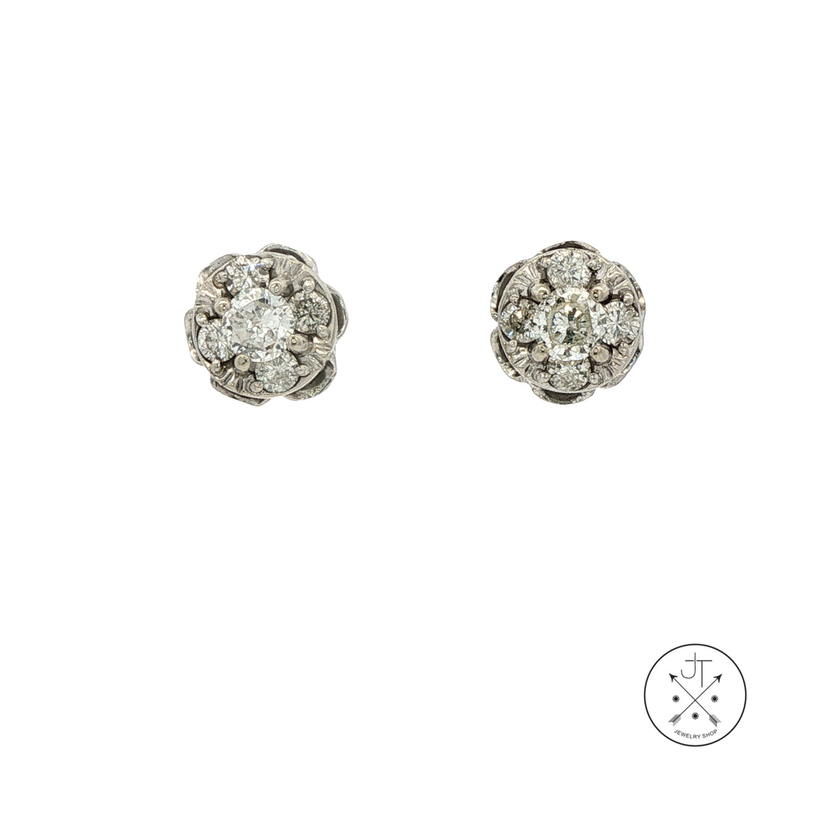 Vintage 14k White Gold Scalloped Stud Earrings with .78 ctw Natural Diamonds