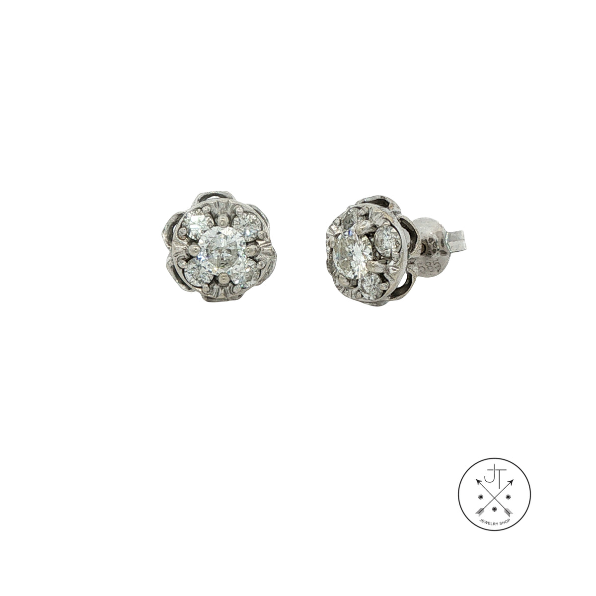Vintage 14k White Gold Scalloped Stud Earrings with .78 ctw Natural Diamonds