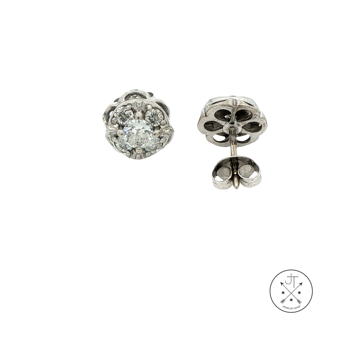 Vintage 14k White Gold Scalloped Stud Earrings with .78 ctw Natural Diamonds