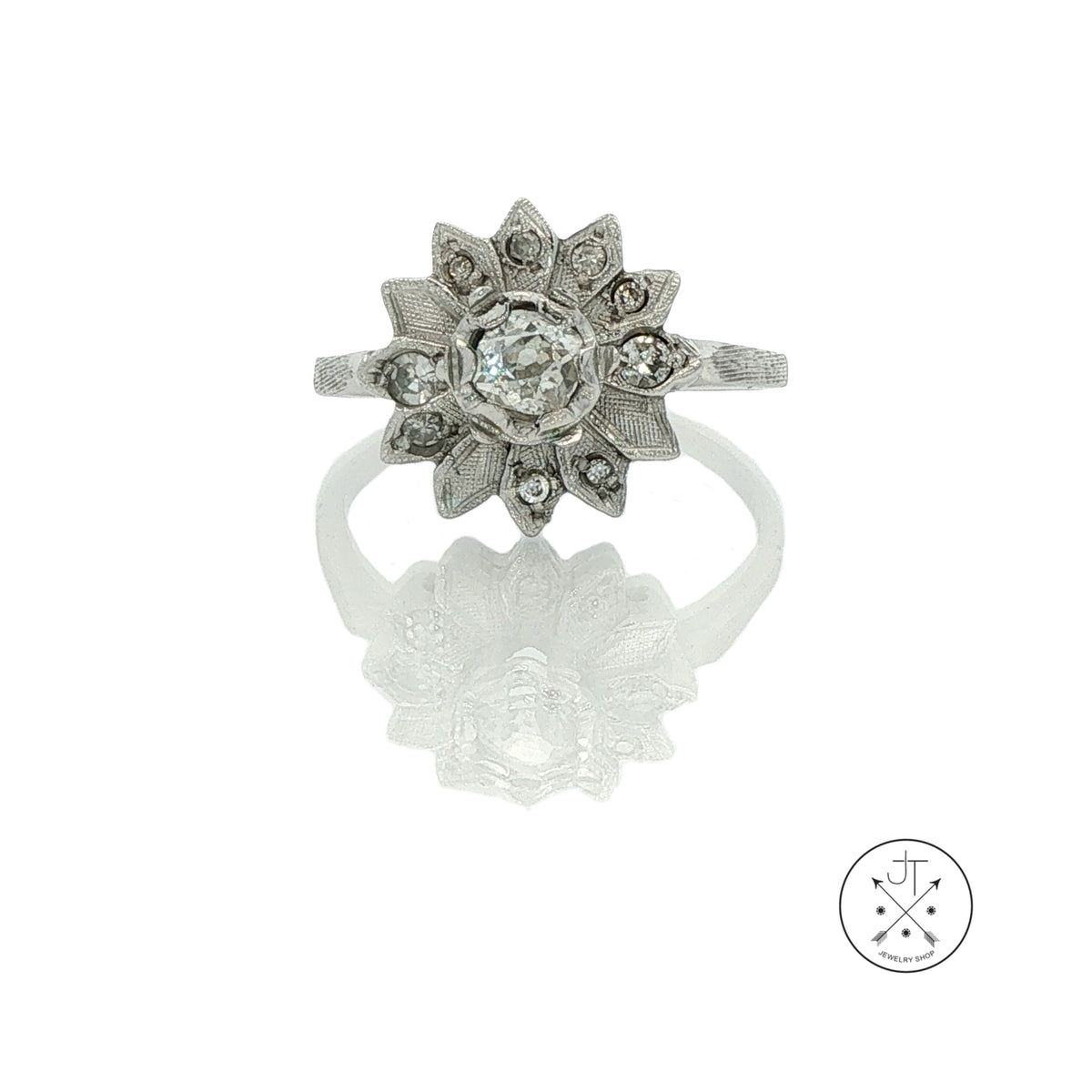 Vintage 14k White Gold Flower Ring with .62 ctw Old Cut Diamonds Size 8.75 Mine Cut